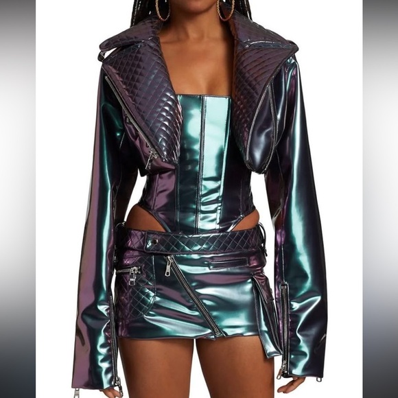 LaQuan Smith Metallic Cyberpunk Cropped Moto Jacket Sz XS Iridescent Holographic - Picture 3 of 16
